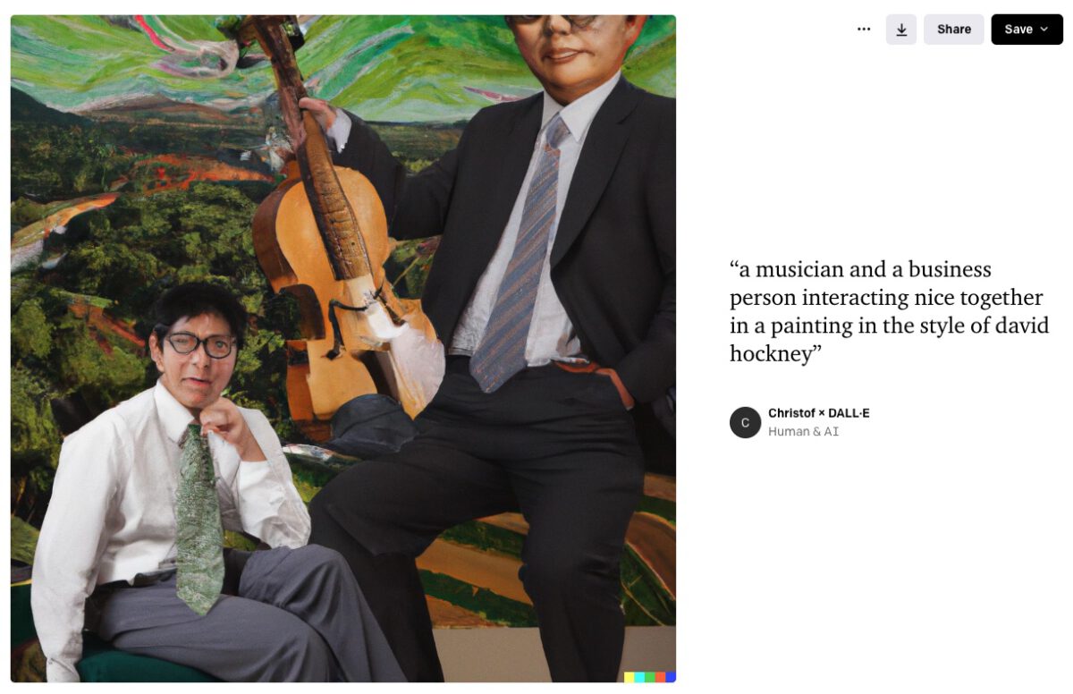 “a musician and a business person interacting nice together in a painting in the style of david hockney”