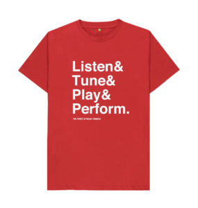 The Music Thinking Mantra: Listen, Tune, Play, Perform in red.